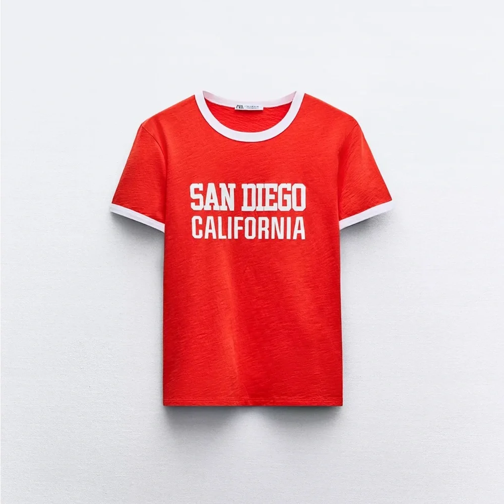 ZARA Red & White Varsity Baseball Graphic Short-Sleeve Ringer T-Shirt Shirt sz M - Picture 16 of 16